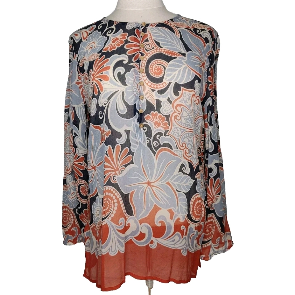 Tommy Bahama Silk Blouse Women's M Floral Pattern Wood Buttons Blue Orange White